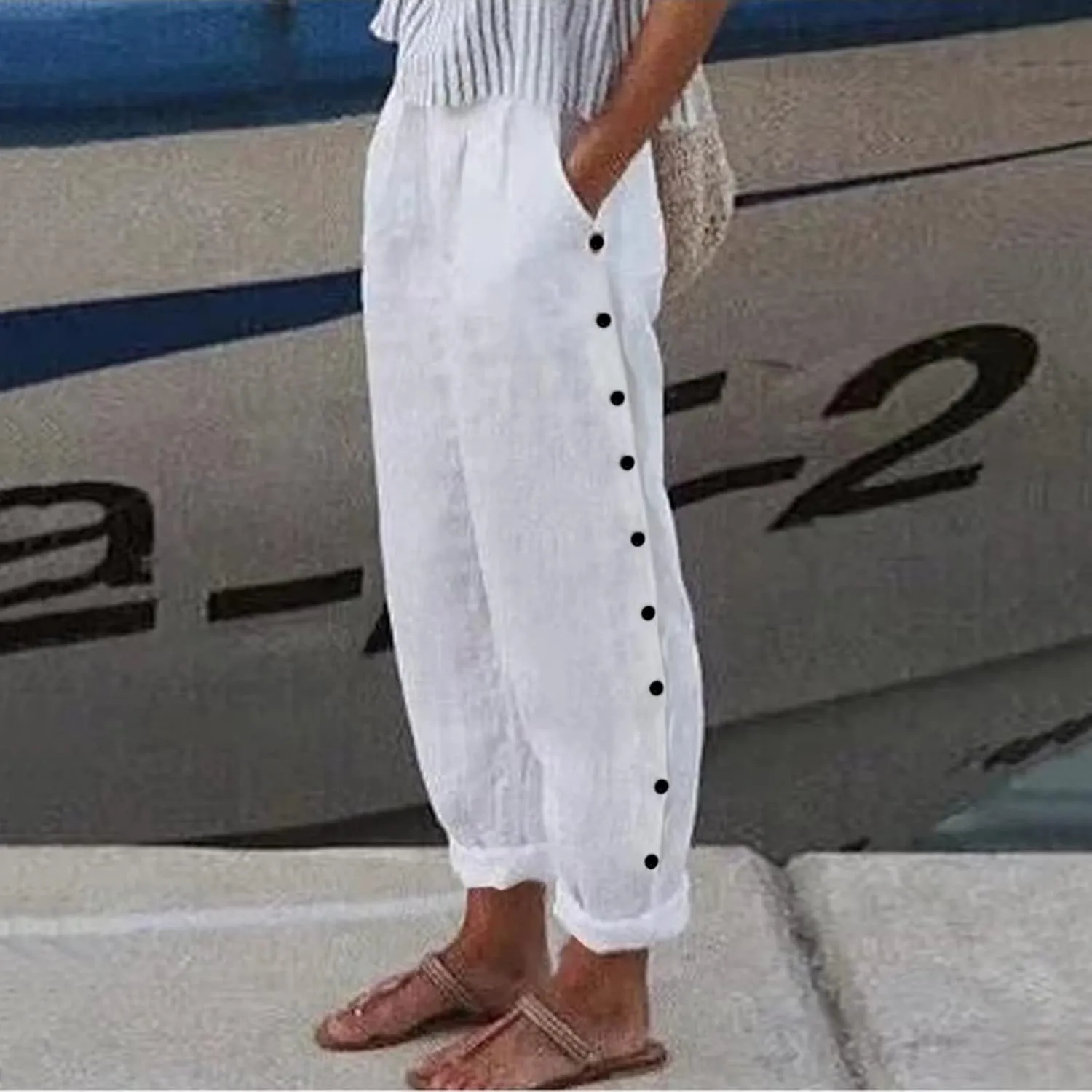 Womens Cotton Linen Pants Elastic High Waisted Wide Leg Summer Pants Casual Relaxed Fit Lounge Trousers with Pockets