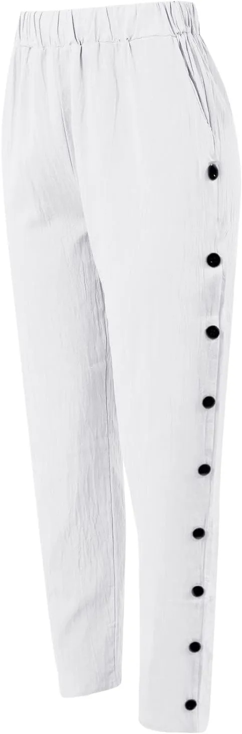 Womens Cotton Linen Pants Elastic High Waisted Wide Leg Summer Pants Casual Relaxed Fit Lounge Trousers with Pockets