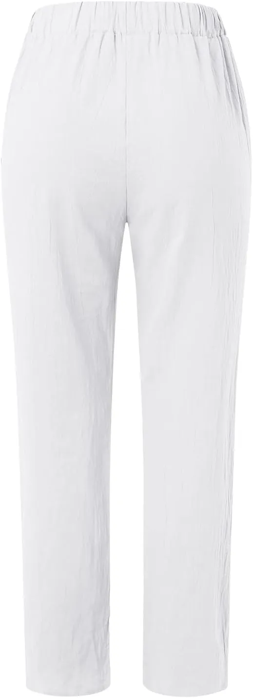 Womens Cotton Linen Pants Elastic High Waisted Wide Leg Summer Pants Casual Relaxed Fit Lounge Trousers with Pockets