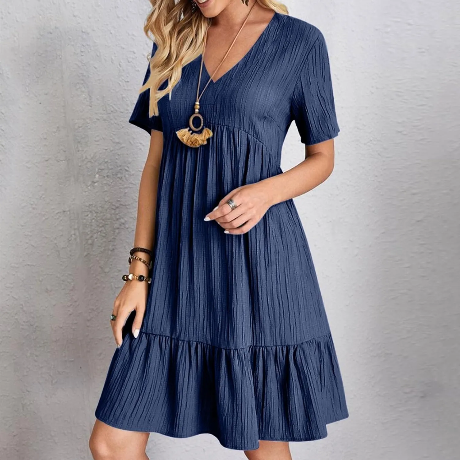 Women's Cotton Linen Short Sleeve Casual V Neck Mini Dress A Line Loose Pleated Flowy Dresses Beach Vacation Outfits