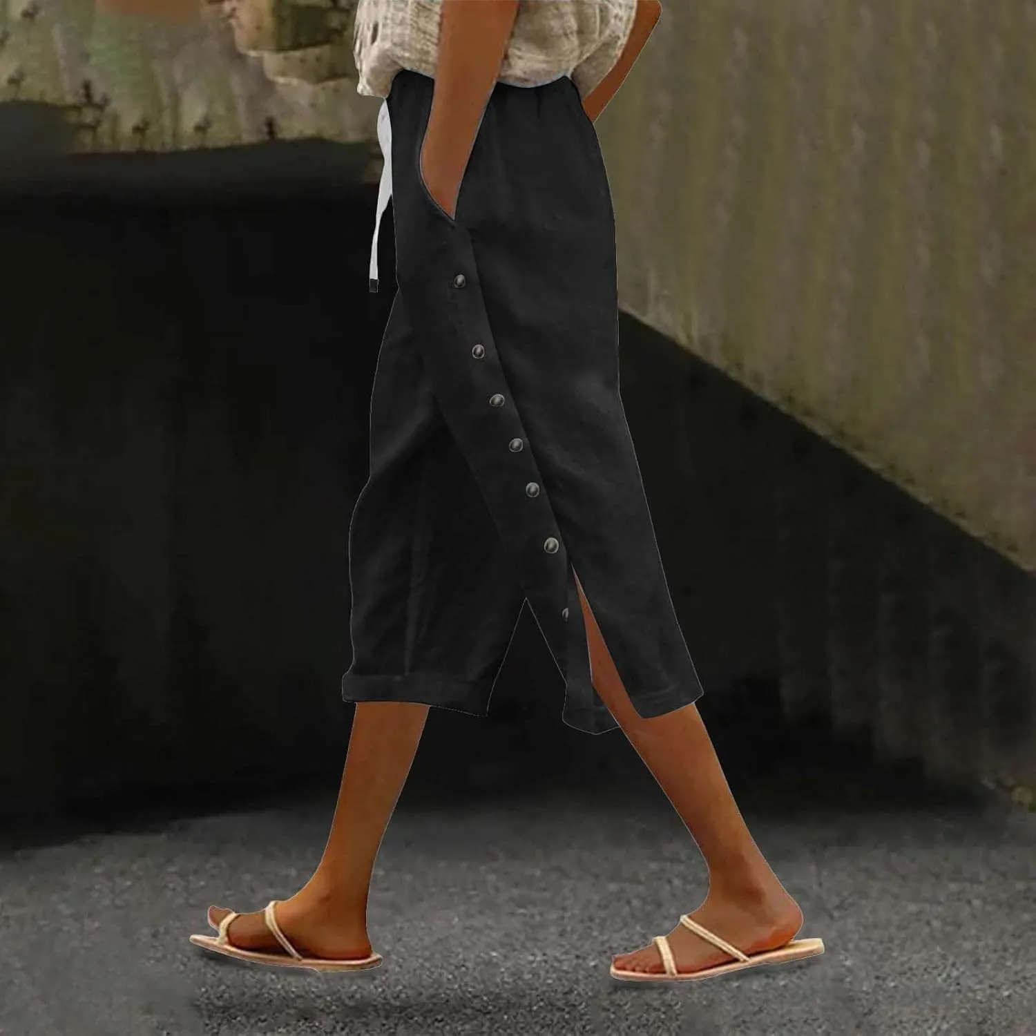 Womens Cotton Linen Travel Pants Capris Elastic Drawstring Summer Pants Side Button High Rise Solid 2025 Outfit Pocket
