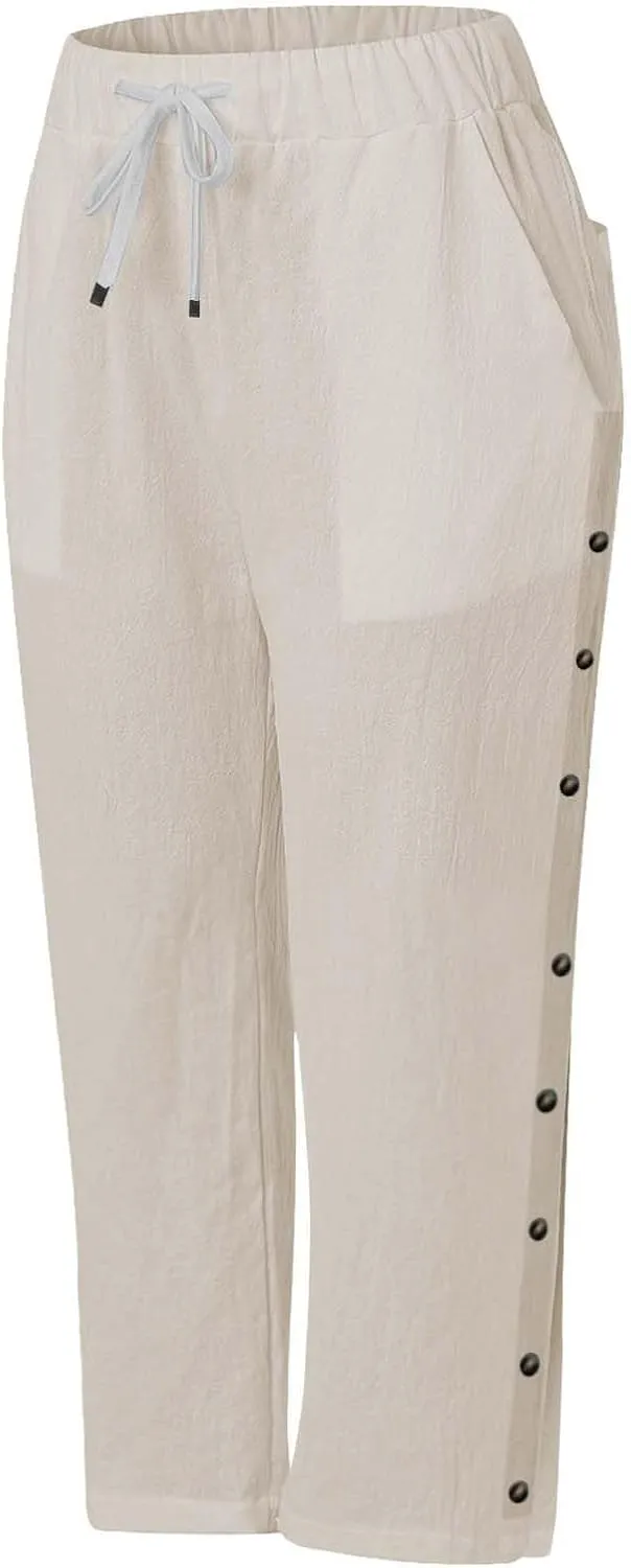 Womens Cotton Linen Travel Pants Capris Elastic Drawstring Summer Pants Side Button High Rise Solid 2025 Outfit Pocket