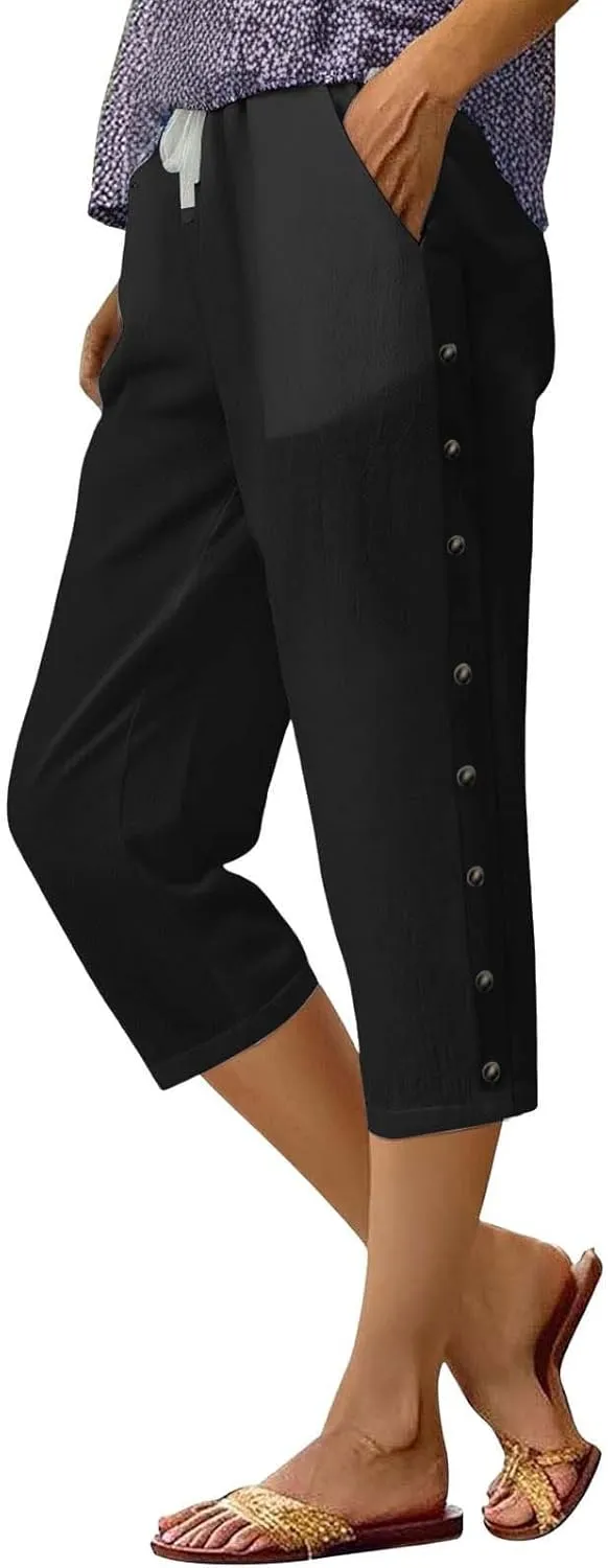 Womens Cotton Linen Travel Pants Capris Elastic Drawstring Summer Pants Side Button High Rise Solid 2025 Outfit Pocket
