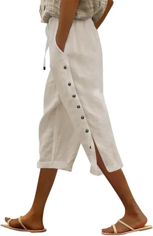 Womens Cotton Linen Travel Pants Capris Elastic Drawstring Summer Pants Side Button High Rise Solid 2025 Outfit Pocket