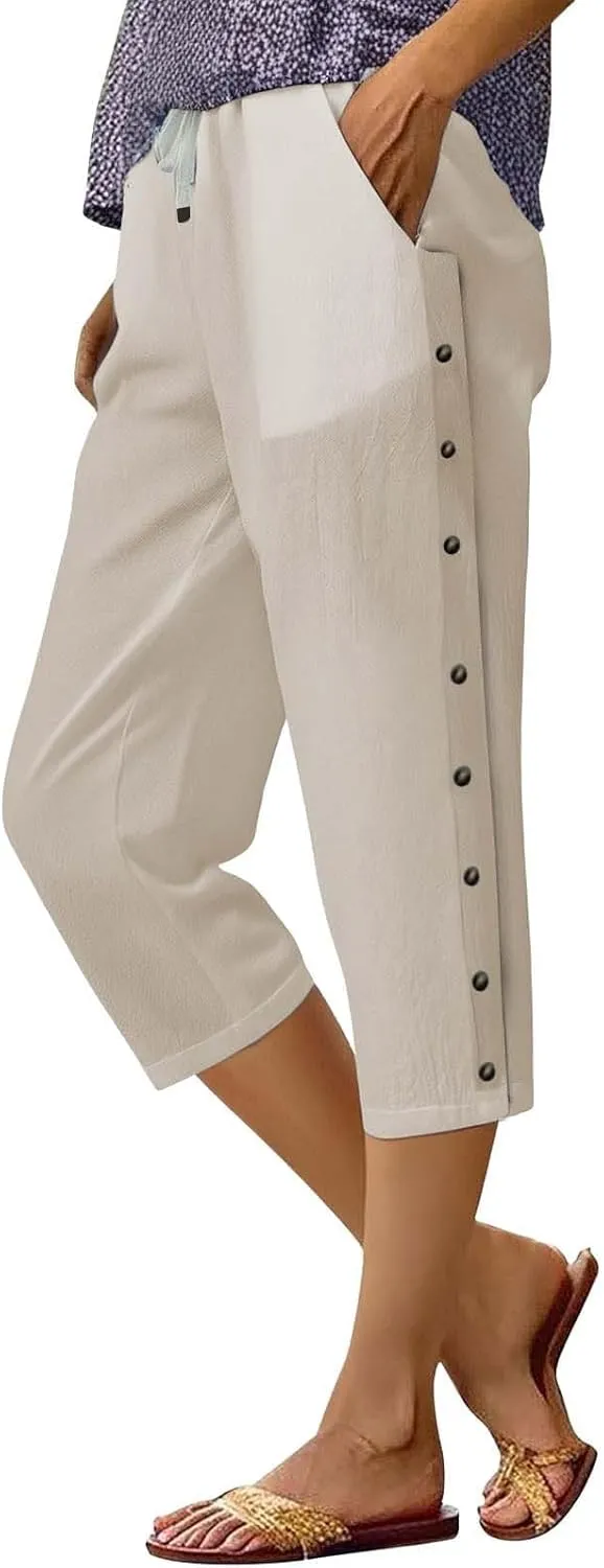 Womens Cotton Linen Travel Pants Capris Elastic Drawstring Summer Pants Side Button High Rise Solid 2025 Outfit Pocket