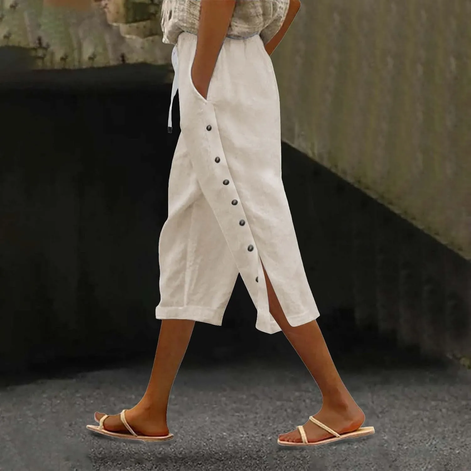 Womens Cotton Linen Travel Pants Capris Elastic Drawstring Summer Pants Side Button High Rise Solid 2025 Outfit Pocket