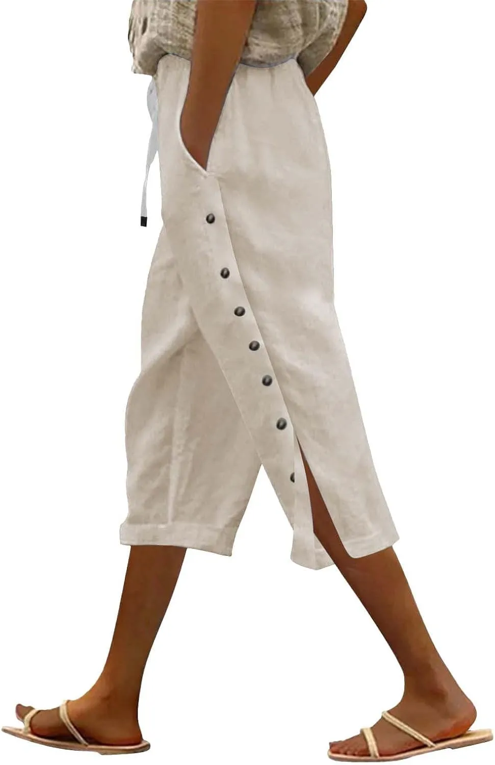 Womens Cotton Linen Travel Pants Capris Elastic Drawstring Summer Pants Side Button High Rise Solid 2025 Outfit Pocket