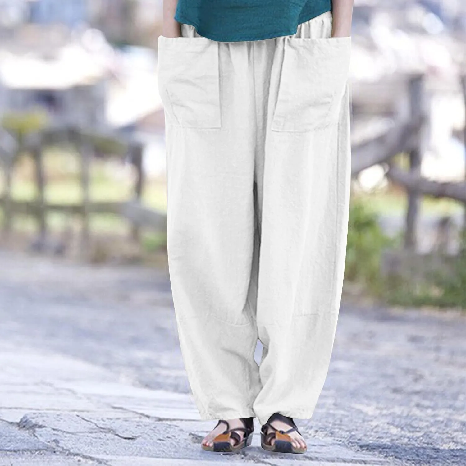 Women's Cotton Linen Wide Leg Pants Elastic Drawstring Casual Trousers with Pockets Summer Loose Beach Lounge Pants