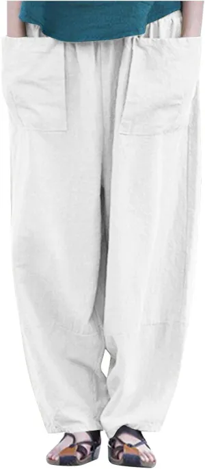 Women's Cotton Linen Wide Leg Pants Elastic Drawstring Casual Trousers with Pockets Summer Loose Beach Lounge Pants