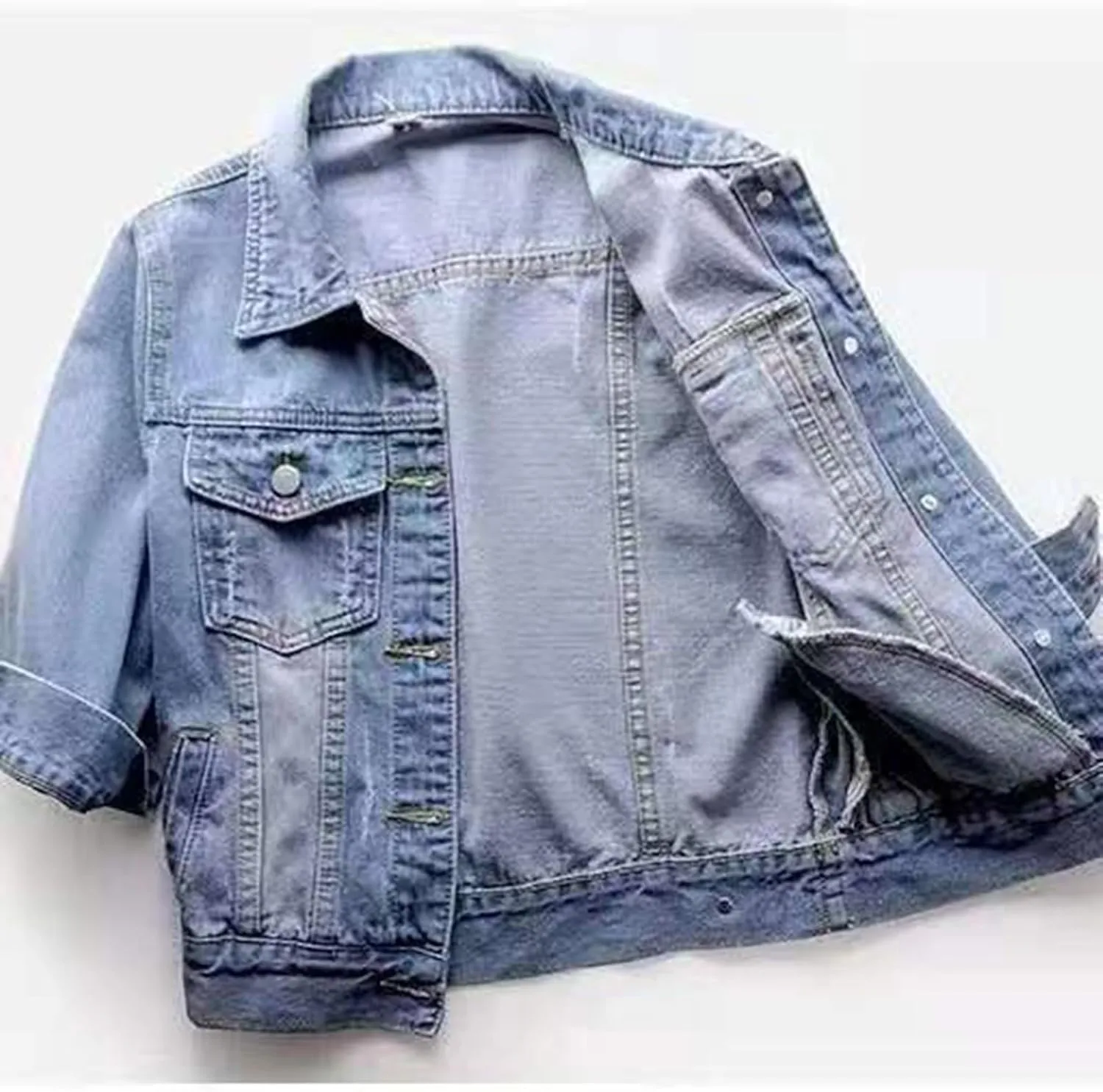 Womens Cropped Denim Jacket 3/4 Sleeve Short Jean Jacket for Women Trendy Button Down Lightweight Denim Jackets