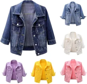 Womens Cropped Denim Jacket 3/4 Sleeve Short Jean Jacket for Women Trendy Button Down Lightweight Denim Jackets