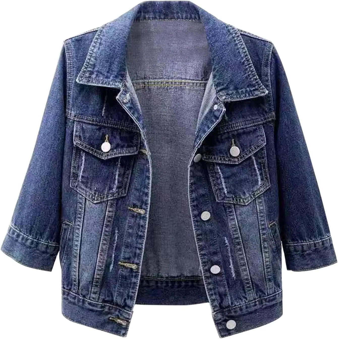 Womens Cropped Denim Jacket 3/4 Sleeve Short Jean Jacket for Women Trendy Button Down Lightweight Denim Jackets
