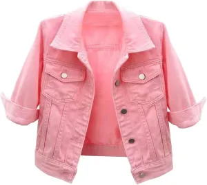 Womens Cropped Denim Jacket 3/4 Sleeve Short Jean Jacket for Women Trendy Button Down Lightweight Denim Jackets