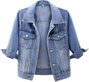 Womens Cropped Denim Jacket 3/4 Sleeve Short Jean Jacket for Women Trendy Button Down Lightweight Denim Jackets