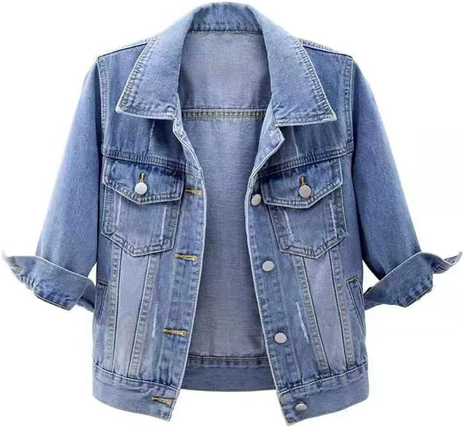 Womens Cropped Denim Jacket 3/4 Sleeve Short Jean Jacket for Women Trendy Button Down Lightweight Denim Jackets