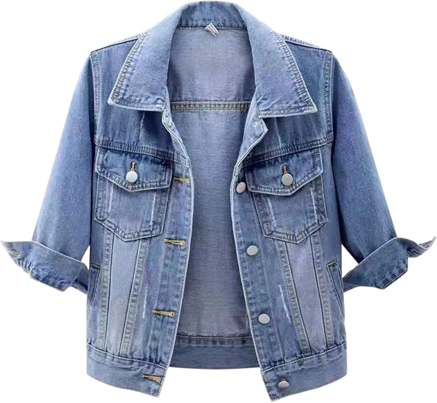 Womens Cropped Denim Jacket 3/4 Sleeve Short Jean Jacket for Women Trendy Button Down Lightweight Denim Jackets