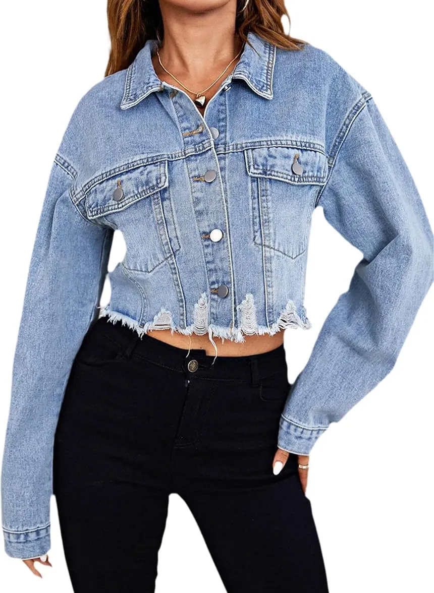 Women's Cropped Denim Jackets Distressed Long Sleeve Basic Button Down Jean Jacket