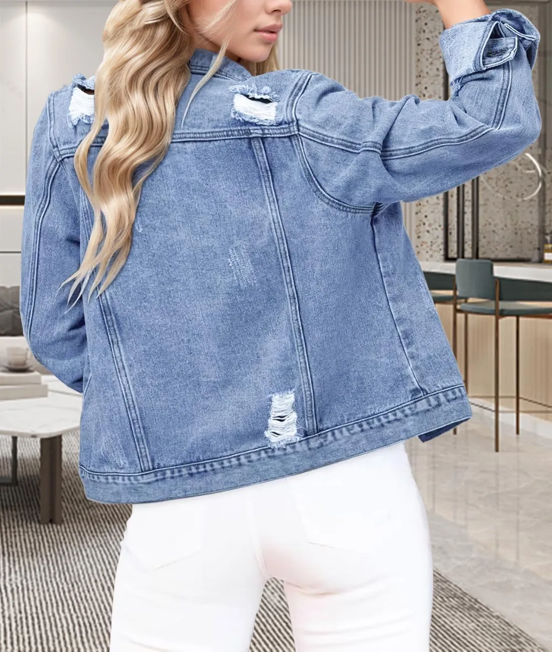Women's Cropped Denim Jackets Distressed Long Sleeve Basic Button Down Jean Jacket