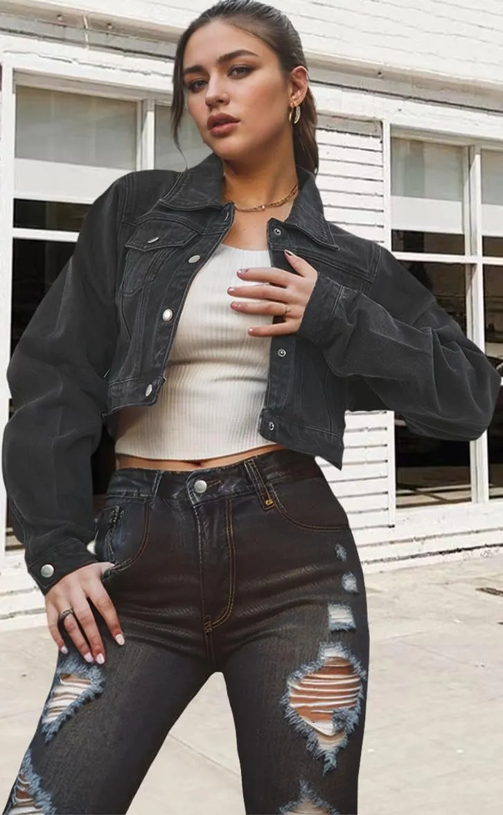 Women's Cropped Denim Jackets Distressed Long Sleeve Basic Button Down Jean Jacket