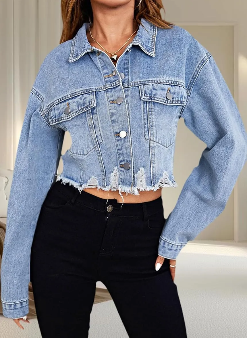 Women's Cropped Denim Jackets Distressed Long Sleeve Basic Button Down Jean Jacket