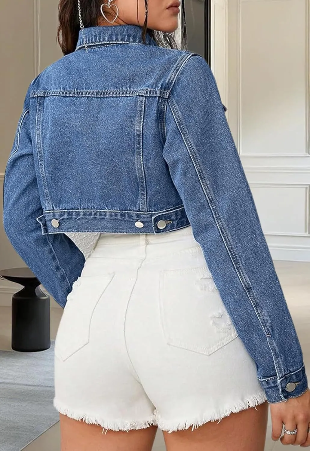 Women's Cropped Denim Jackets Distressed Long Sleeve Basic Button Down Jean Jacket
