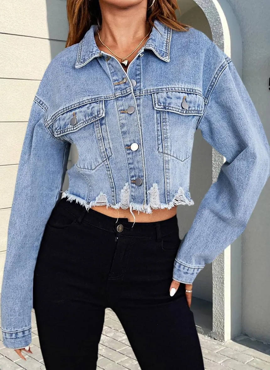 Women's Cropped Denim Jackets Distressed Long Sleeve Basic Button Down Jean Jacket
