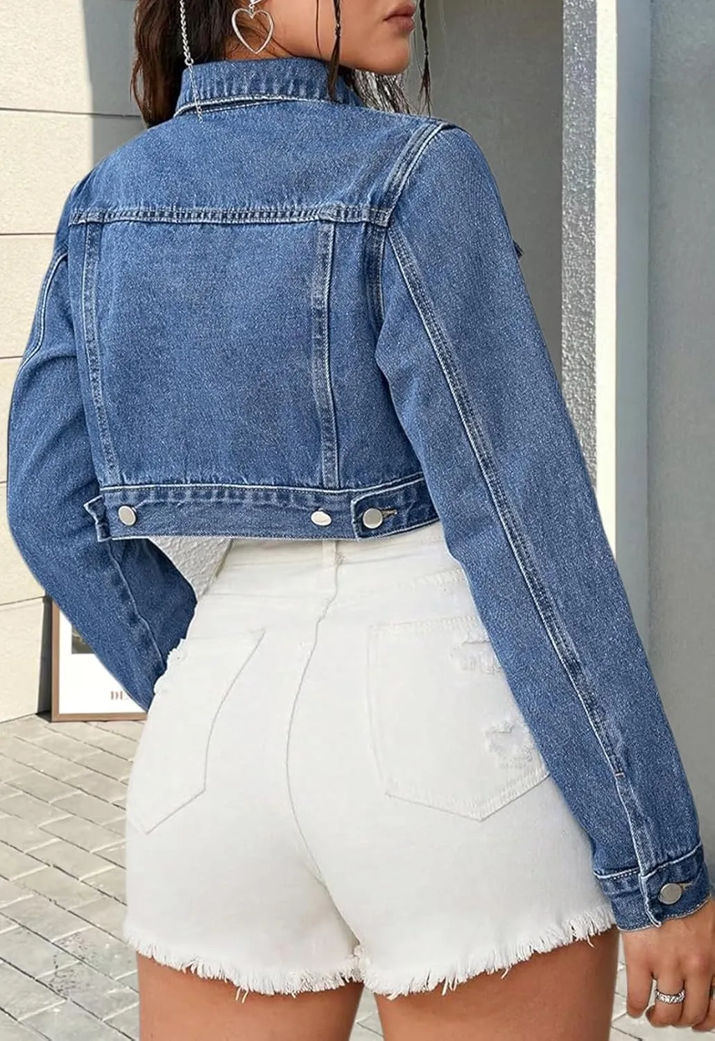 Women's Cropped Denim Jackets Distressed Long Sleeve Basic Button Down Jean Jacket