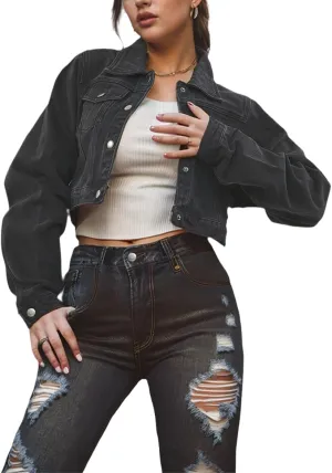 Women's Cropped Denim Jackets Distressed Long Sleeve Basic Button Down Jean Jacket