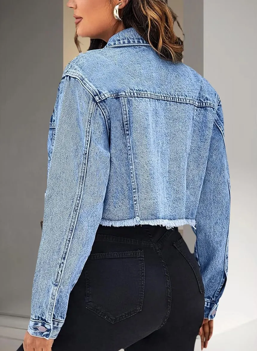 Women's Cropped Denim Jackets Distressed Long Sleeve Basic Button Down Jean Jacket