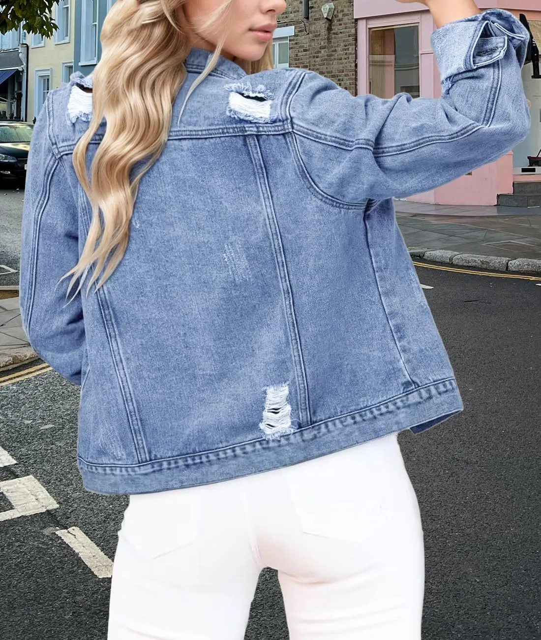 Women's Cropped Denim Jackets Distressed Long Sleeve Basic Button Down Jean Jacket