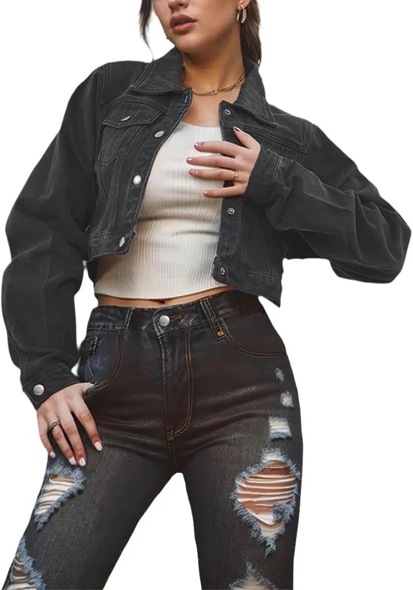 Women's Cropped Denim Jackets Distressed Long Sleeve Basic Button Down Jean Jacket