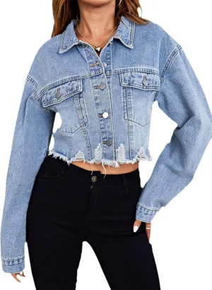 Women's Cropped Denim Jackets Distressed Long Sleeve Basic Button Down Jean Jacket