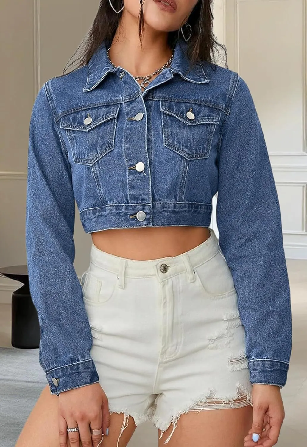 Women's Cropped Denim Jackets Distressed Long Sleeve Basic Button Down Jean Jacket