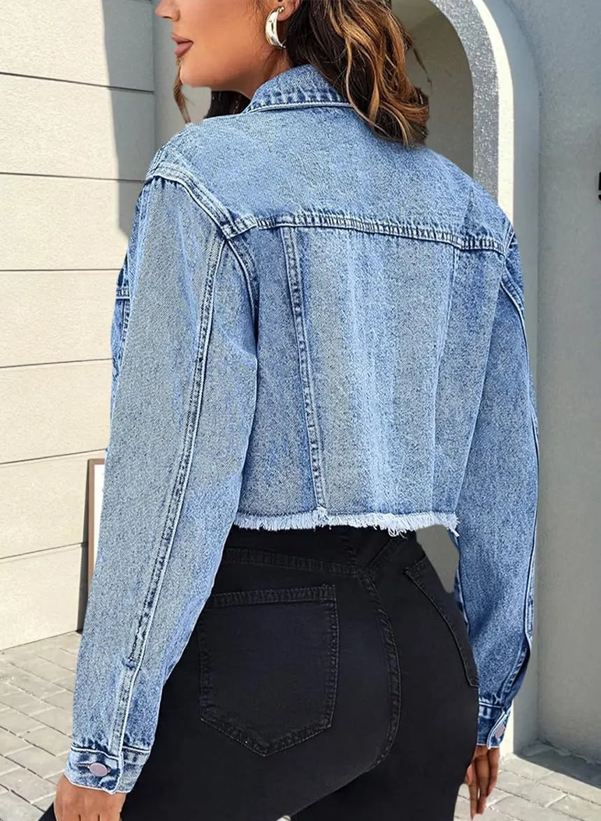 Women's Cropped Denim Jackets Distressed Long Sleeve Basic Button Down Jean Jacket