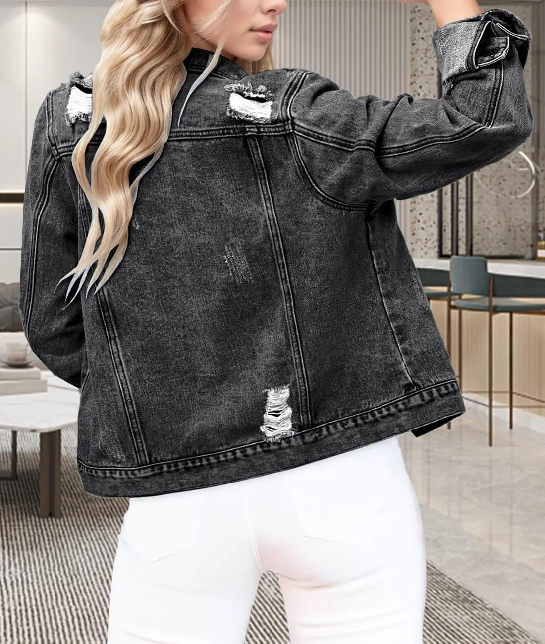 Women's Cropped Denim Jackets Distressed Long Sleeve Basic Button Down Jean Jacket