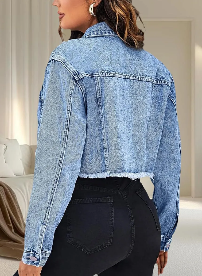 Women's Cropped Denim Jackets Distressed Long Sleeve Basic Button Down Jean Jacket