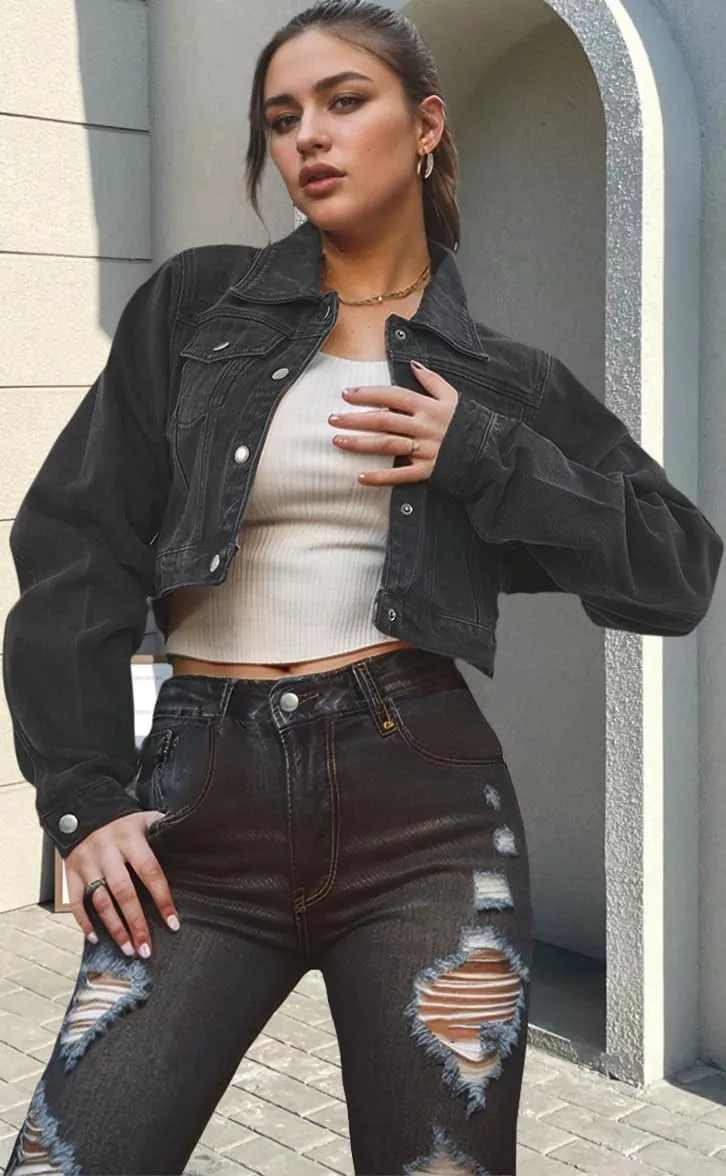 Women's Cropped Denim Jackets Distressed Long Sleeve Basic Button Down Jean Jacket