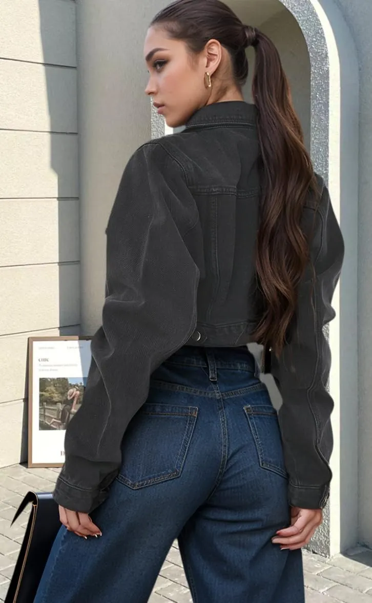 Women's Cropped Denim Jackets Distressed Long Sleeve Basic Button Down Jean Jacket