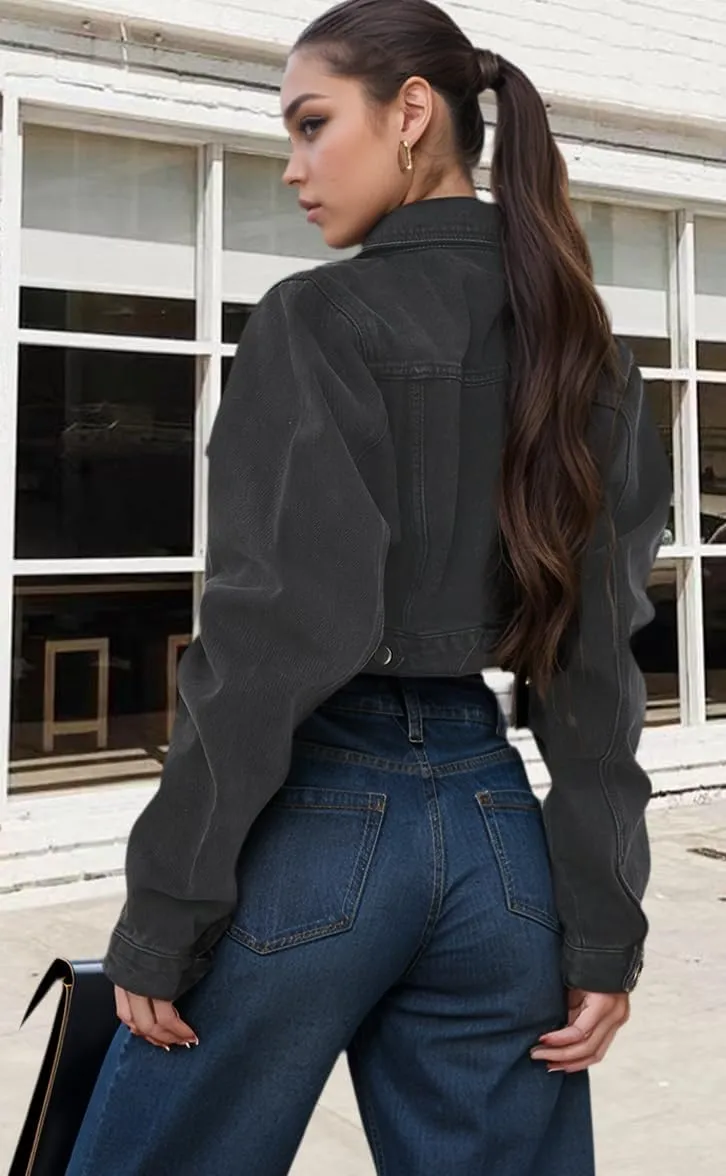 Women's Cropped Denim Jackets Distressed Long Sleeve Basic Button Down Jean Jacket