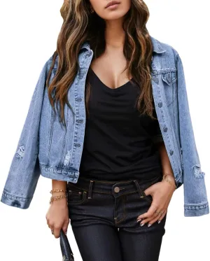 Women's Cropped Denim Jackets Distressed Long Sleeve Basic Button Down Jean Jacket