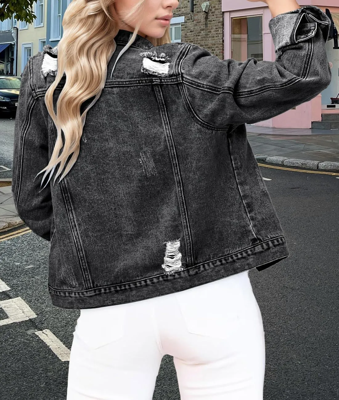 Women's Cropped Denim Jackets Distressed Long Sleeve Basic Button Down Jean Jacket