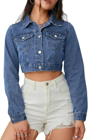 Women's Cropped Denim Jackets Distressed Long Sleeve Basic Button Down Jean Jacket
