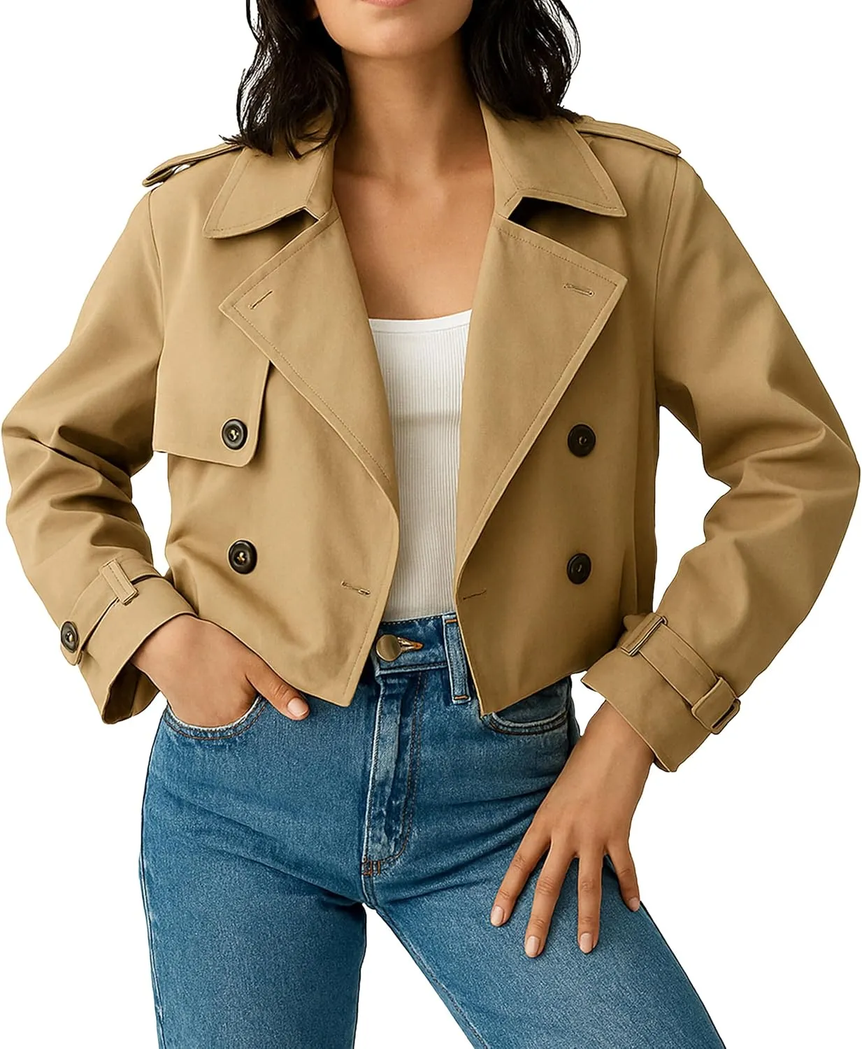 Women's Cropped Trench Coat Notched Lapel Double Breasted Spring Short Crop Trench Coat Jacket for Women