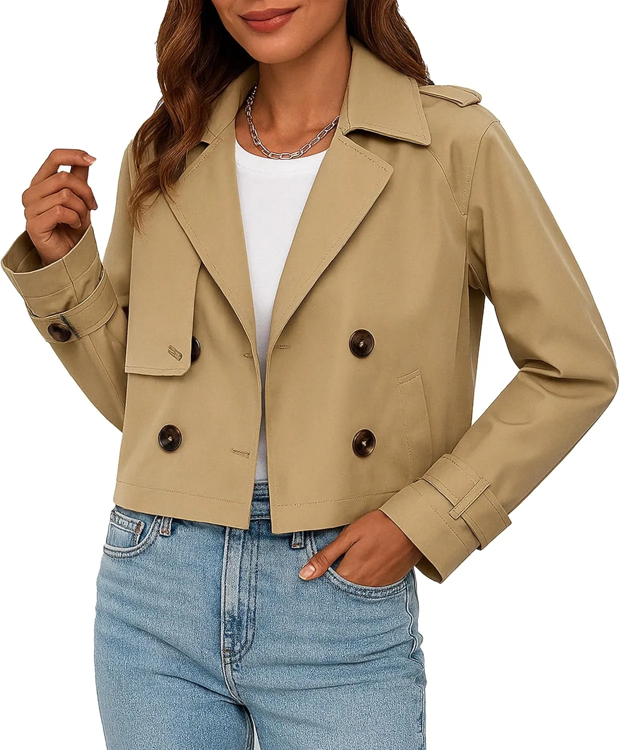 Women's Cropped Trench Coat Notched Lapel Double Breasted Spring Short Crop Trench Coat Jacket for Women