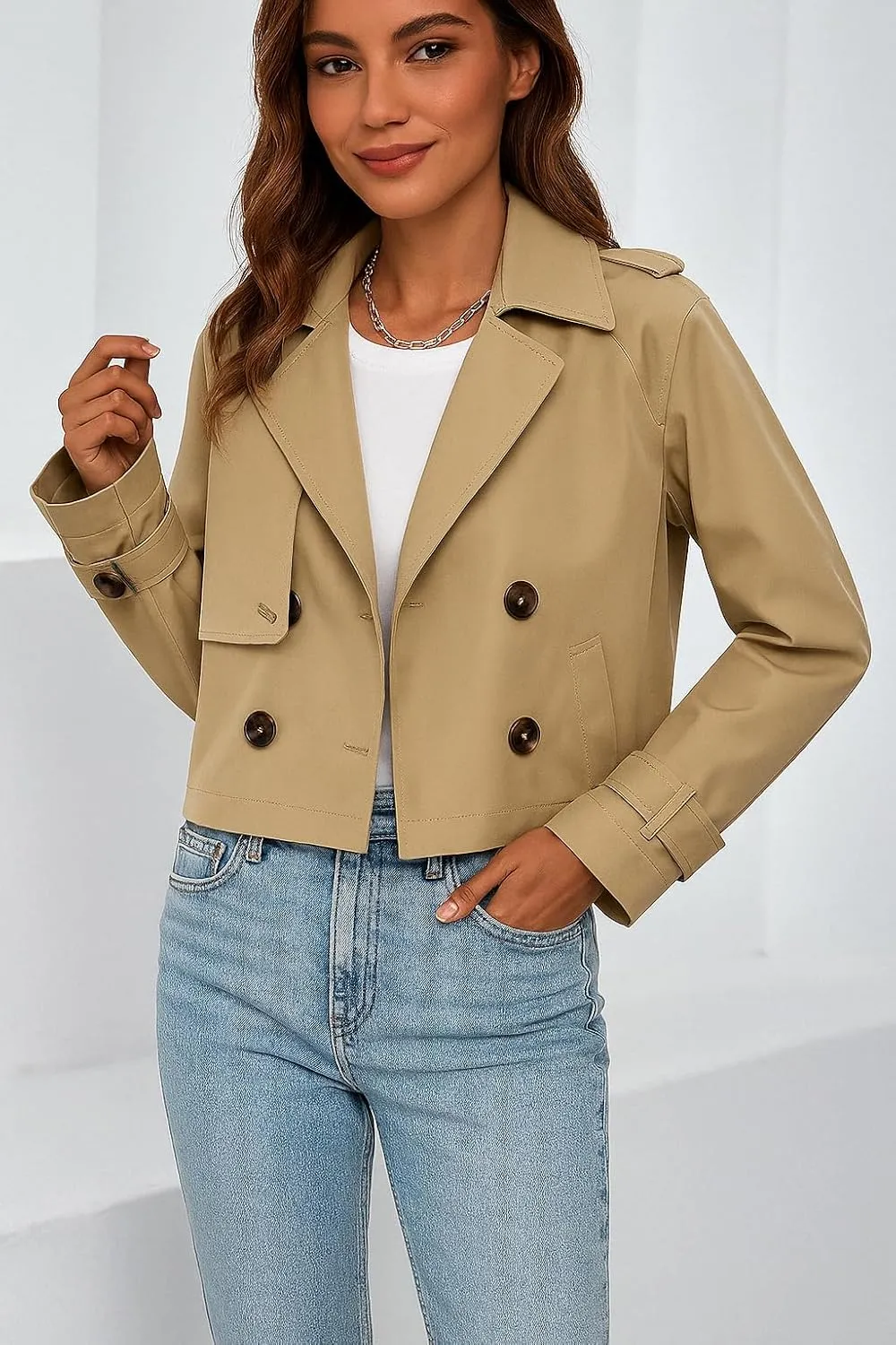 Women's Cropped Trench Coat Notched Lapel Double Breasted Spring Short Crop Trench Coat Jacket for Women