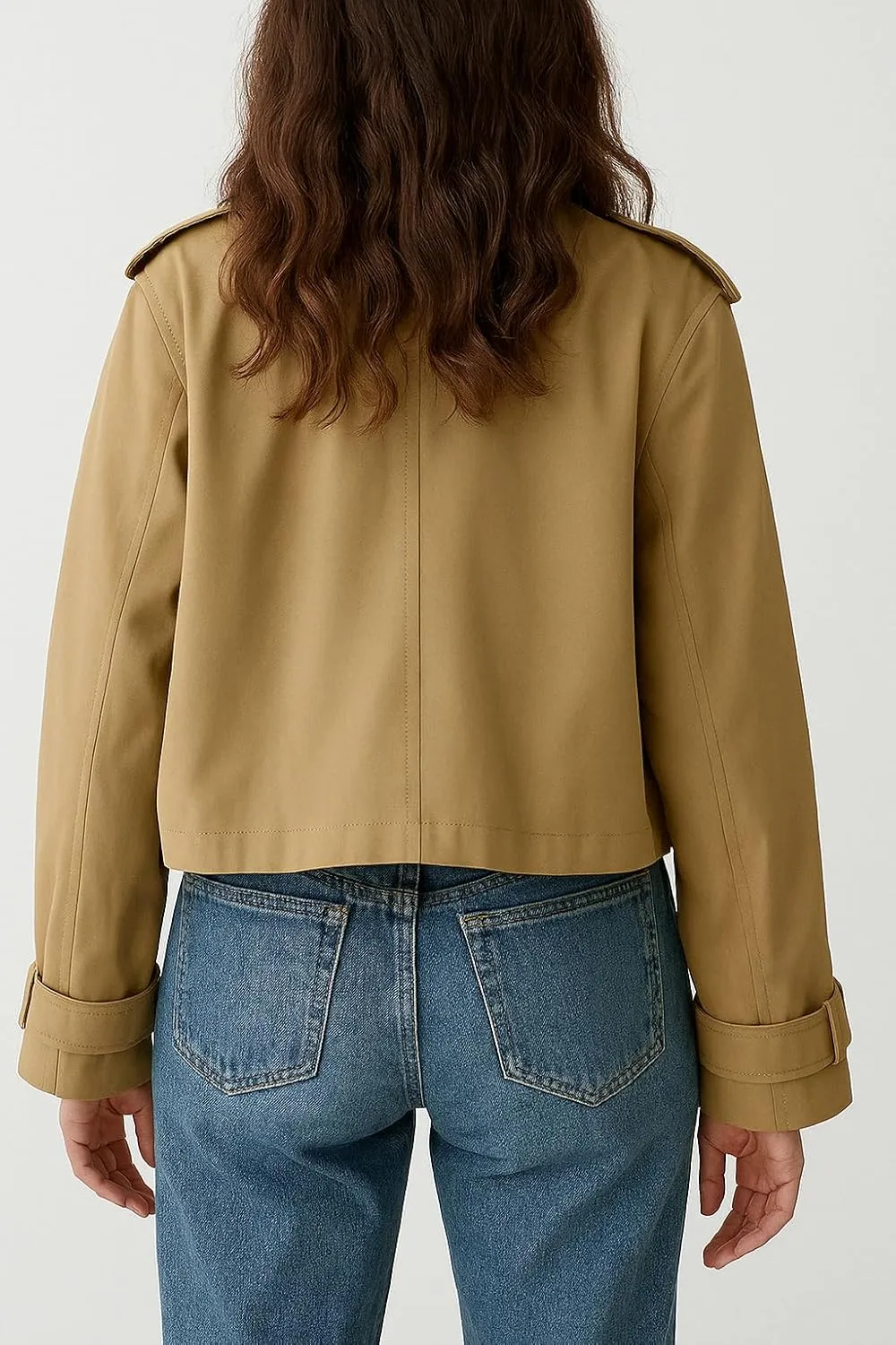Women's Cropped Trench Coat Notched Lapel Double Breasted Spring Short Crop Trench Coat Jacket for Women