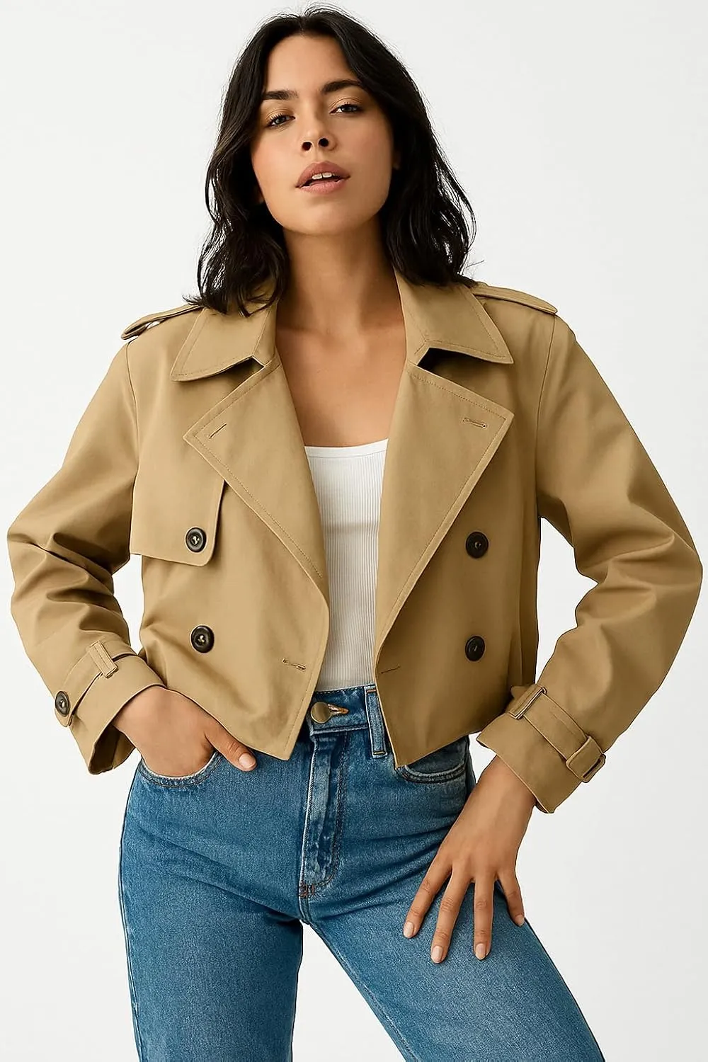 Women's Cropped Trench Coat Notched Lapel Double Breasted Spring Short Crop Trench Coat Jacket for Women