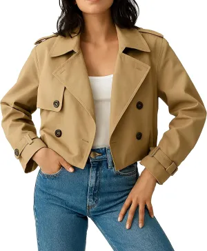Women's Cropped Trench Coat Notched Lapel Double Breasted Spring Short Crop Trench Coat Jacket for Women