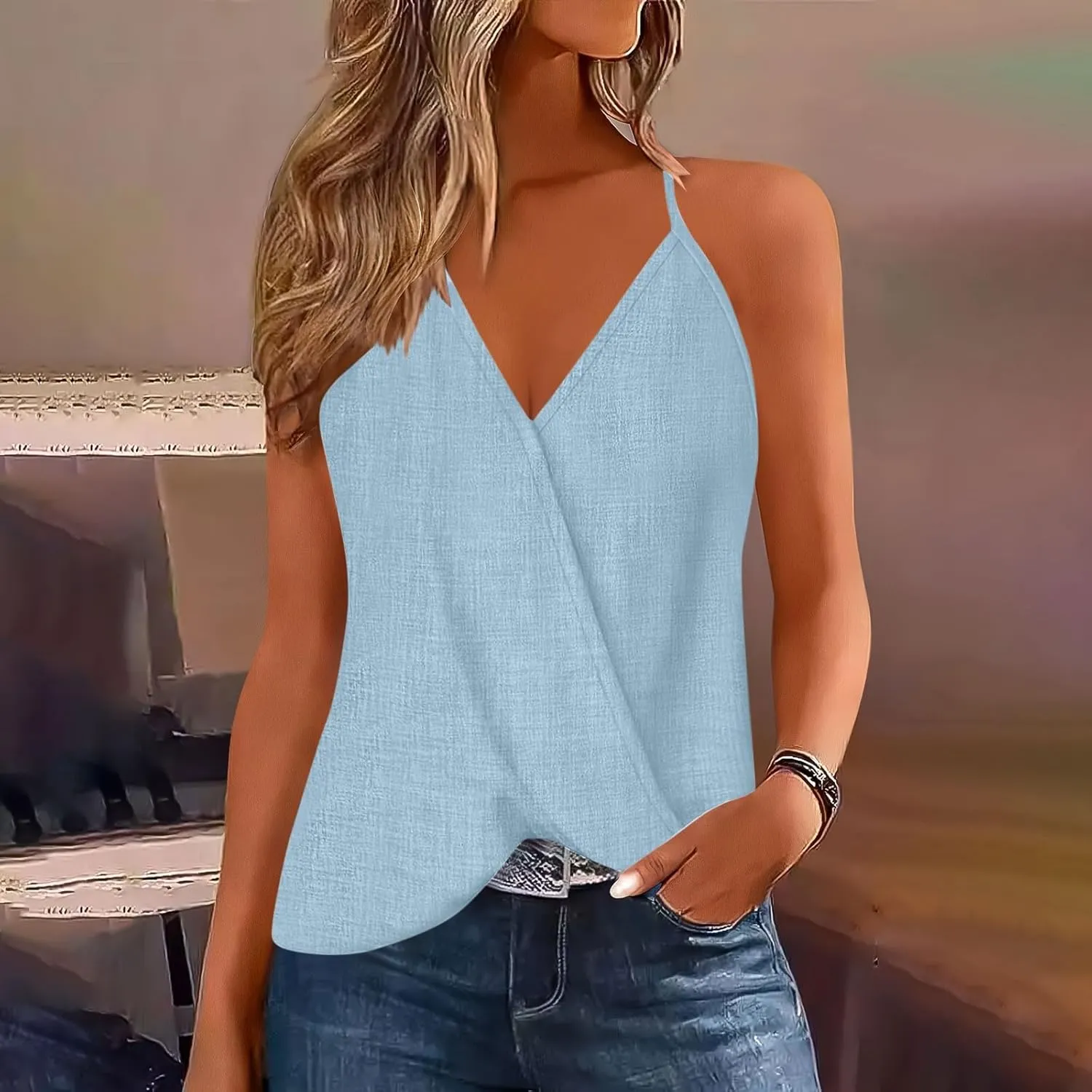 Womens Deep V Neck Wrap Spaghetti Strap Tank Tops Summer Boho Sleeveless Dressy Casual Ladies Shirts Blouses 2025