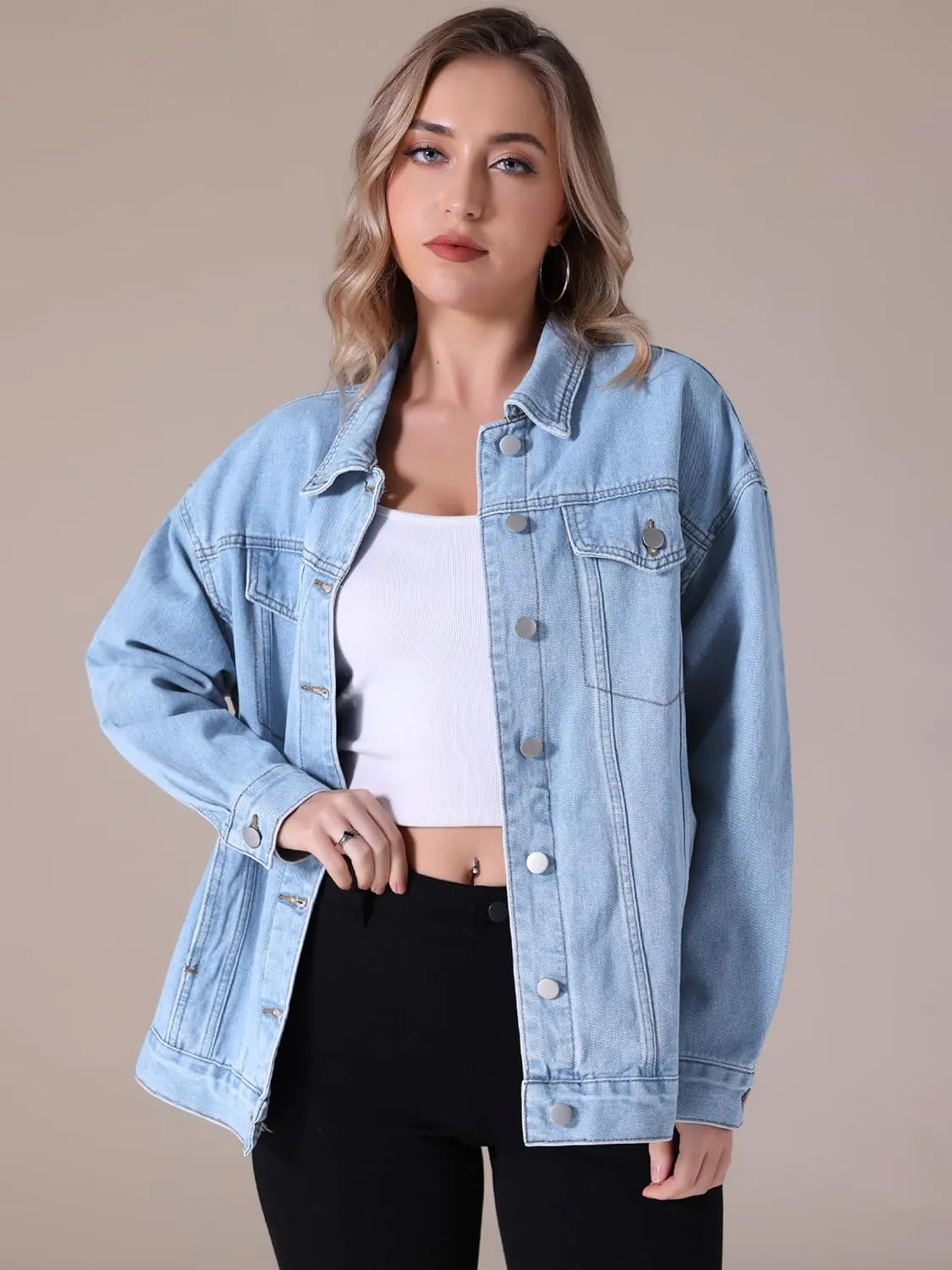 Women's Denim Jackets Casual Oversized Pockets Long Sleeve Trendy Shacket Plus Size Jean Jacket